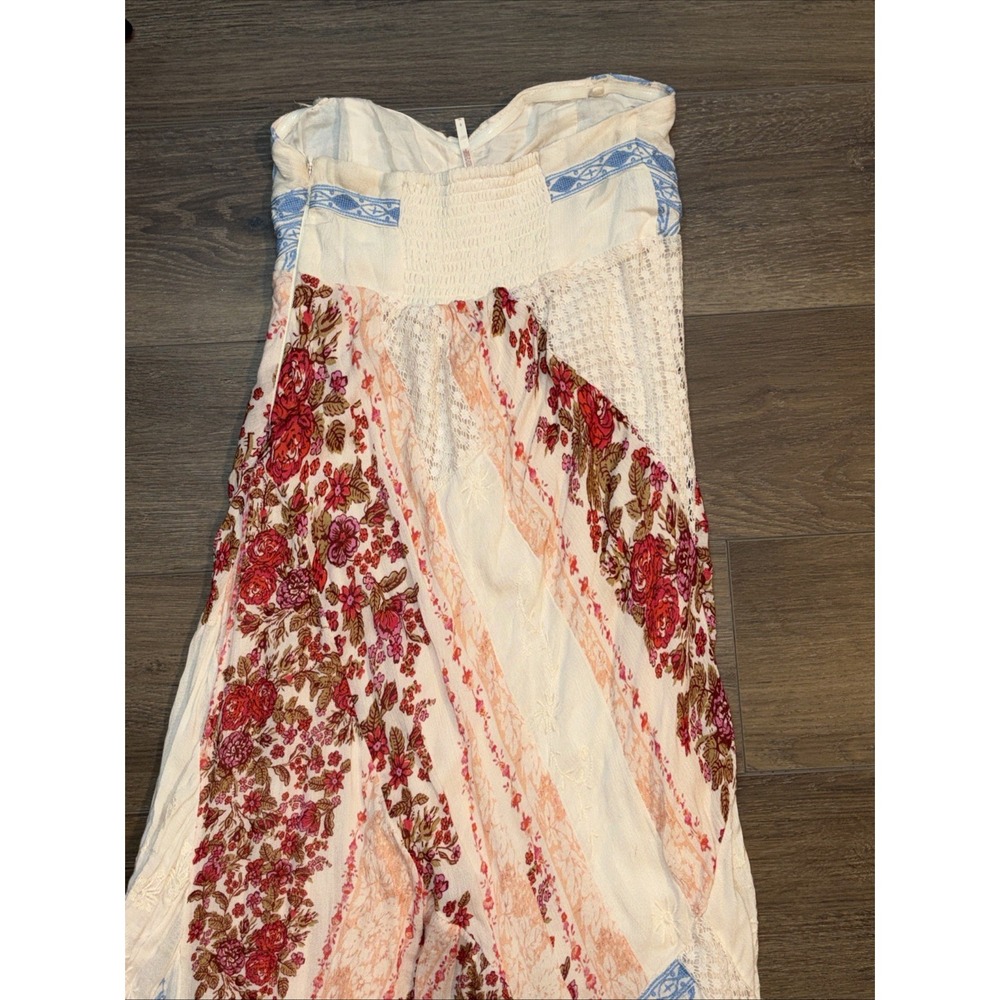 Free People Strapless Patchwork Wide-Leg Jumpsuit in Cream, Blue, and Red Floral - Picture 8 of 9